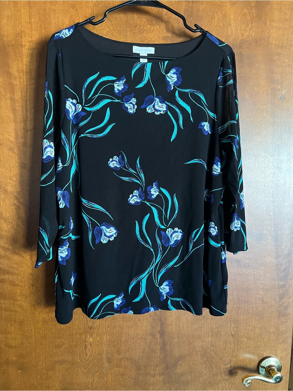 Charter Club Black Long-Sleeve Floral Tee with Blue & Teal Print